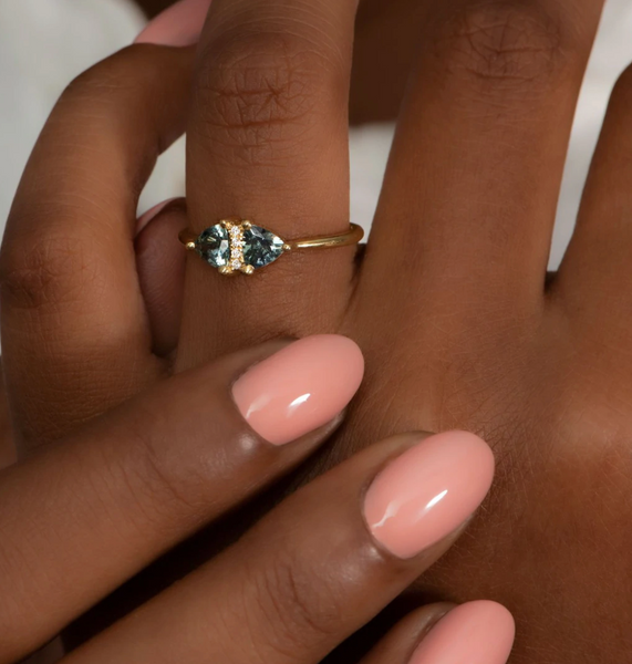 Vintage Style Engagement Ring with Teal Sapphire Trillions