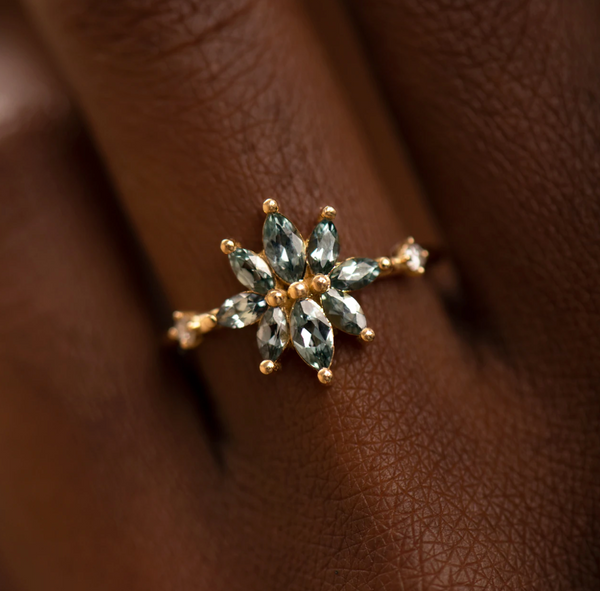 Bouquet Engagement Ring with Teal Sapphire and Diamond Petals