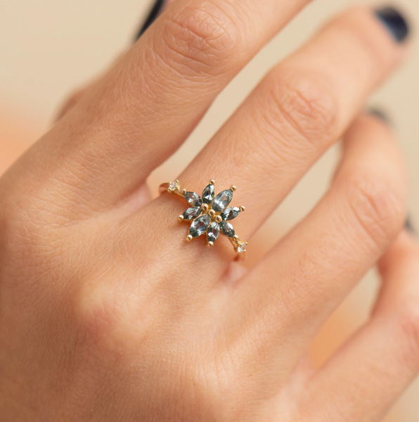 Bouquet Engagement Ring with Teal Sapphire and Diamond Petals