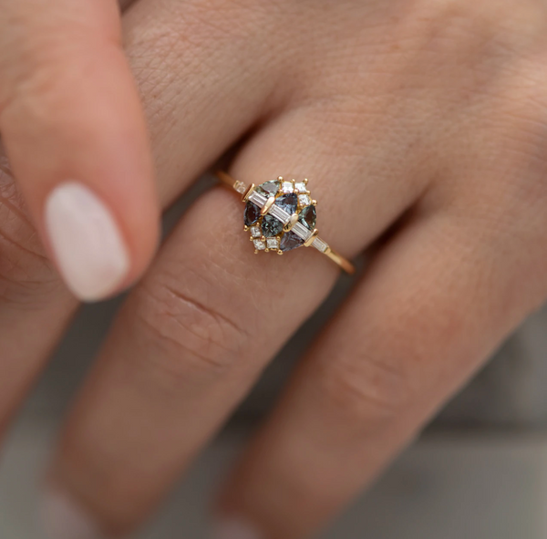 Teal Sapphire and Diamond Cluster Engagement Ring