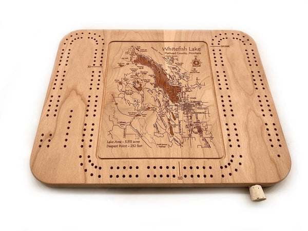 Etched Cribbage Board - Whitefish Lake and Town