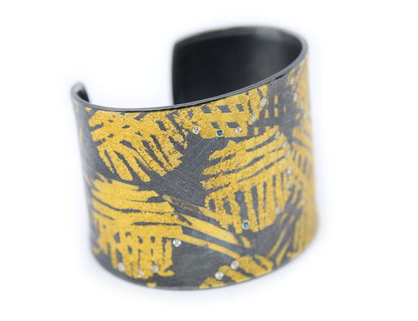 Wide Yellow Gold and Sterling Silver Cuff with Diamonds