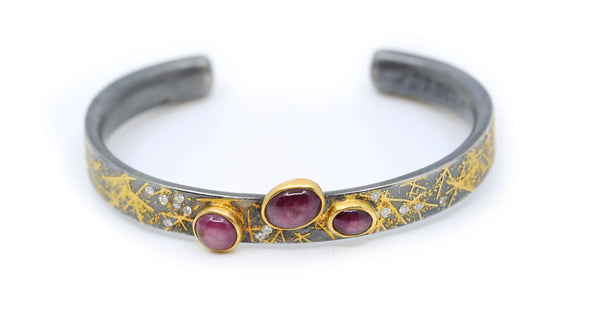 Yellow Gold and Sterling Silver Cuff with Diamonds and Rubies