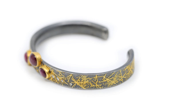 Yellow Gold and Sterling Silver Cuff with Diamonds and Rubies