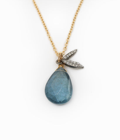 Pear Shaped Aquamarine and Diamond Pave Leaves