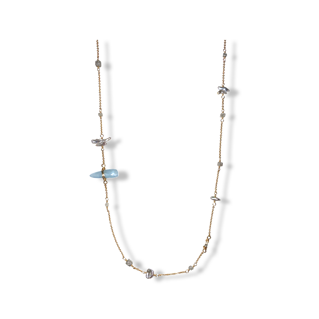 Aquamarine Diamond and Pearl Necklace