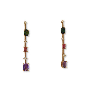 Rose Gold and Amethyst, Pink and Green Tourmaline Linear Drop Eartings