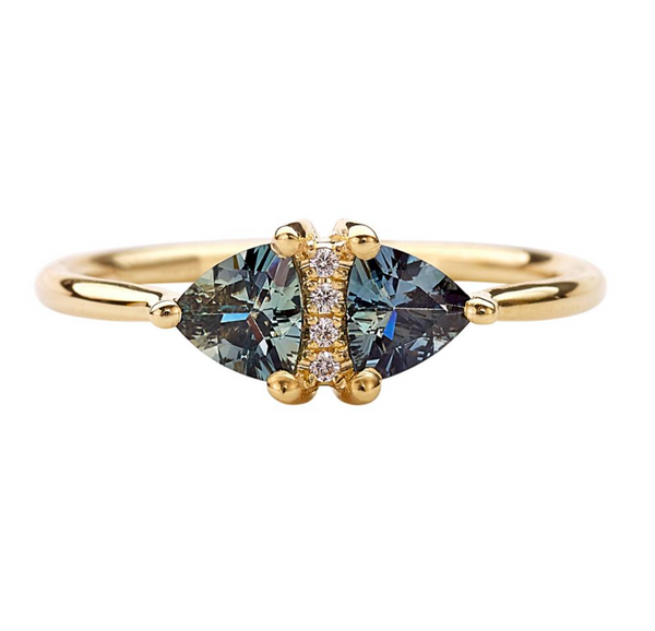 Vintage Style Engagement Ring with Teal Sapphire Trillions