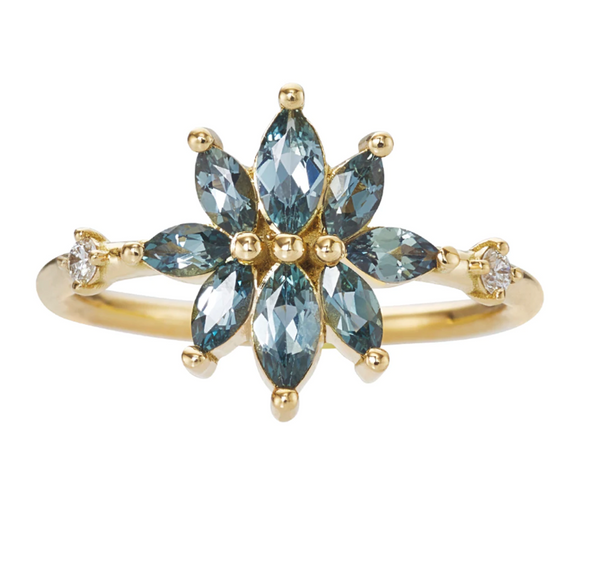 Bouquet Engagement Ring with Teal Sapphire and Diamond Petals
