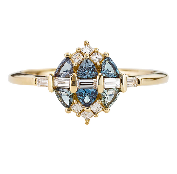 Teal Sapphire and Diamond Cluster Engagement Ring
